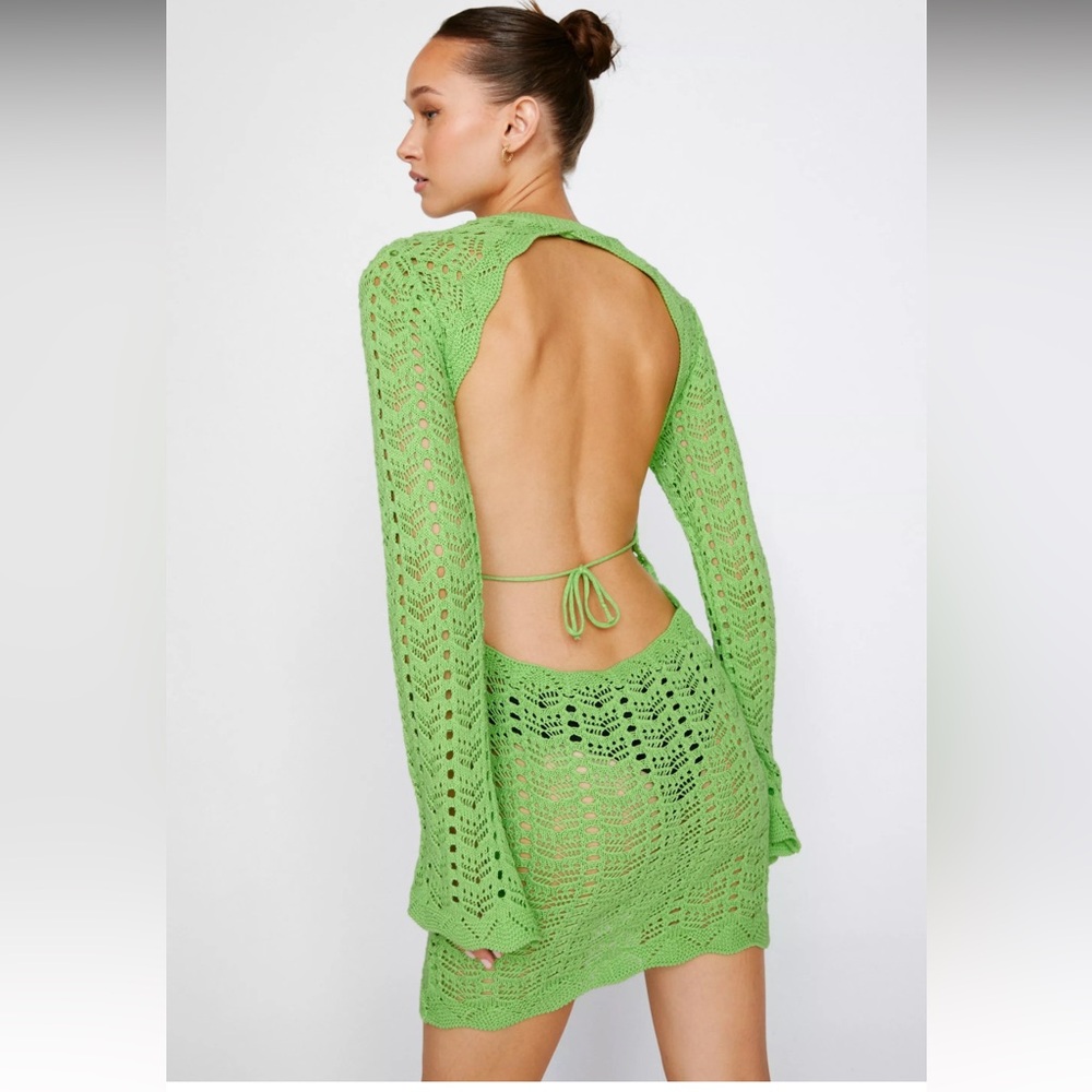 Crochet Knitted Backless Mini Dress. Size: 8 | Color: Lime | Brand: Nasty Gal
